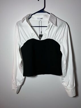 Fashion Nova Black & White Layered Bustier Button-Down Top